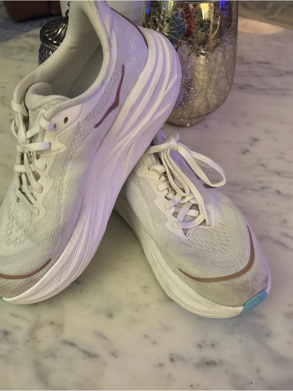 Hoka One One Women's White Running Shoes with Rose Accents